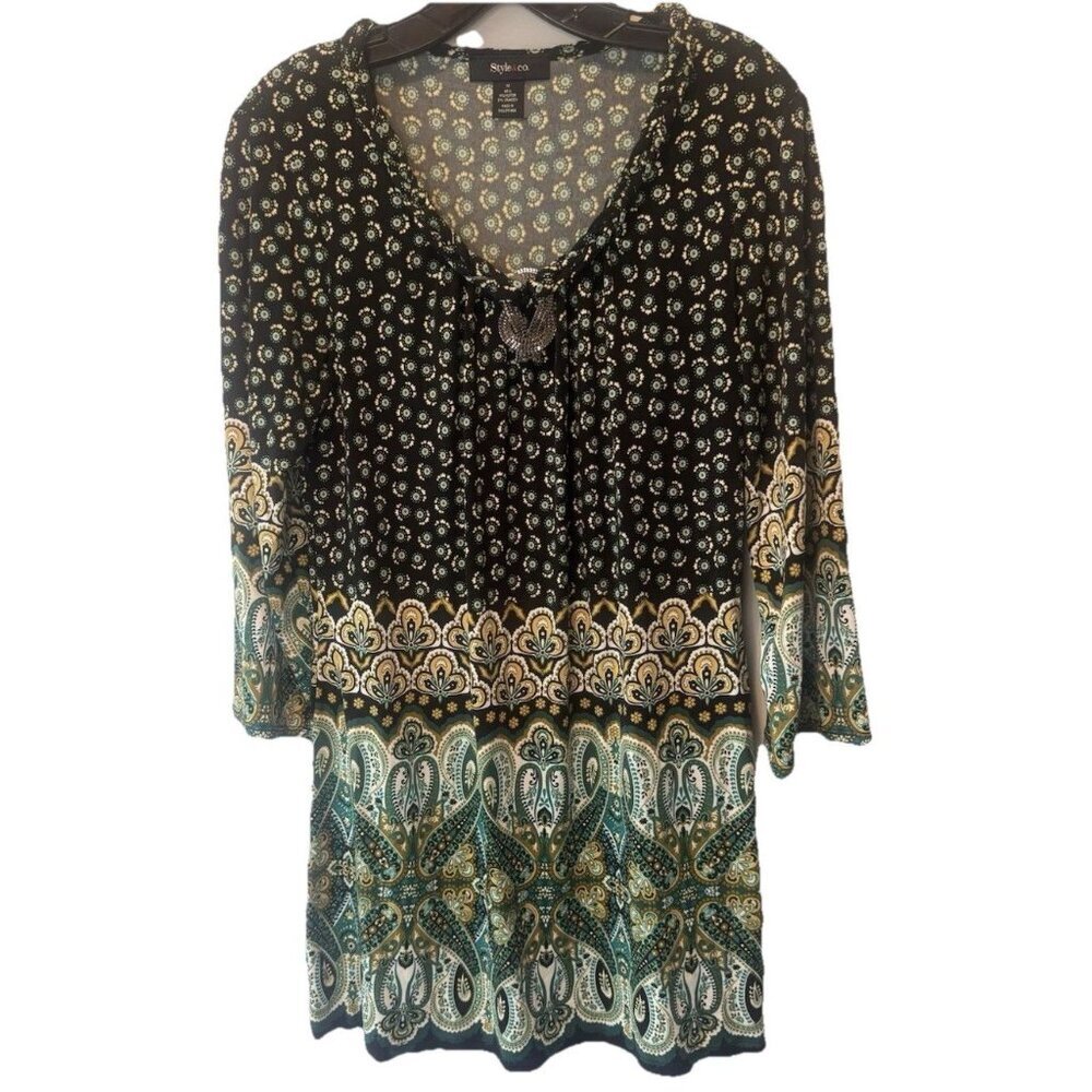 Style‎ & Co Colorful Paisley Floral 3/4 Sleeve Tunic Dress M Boho Festival Artsy